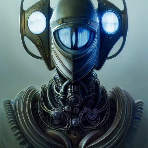 Image similar to front shot of a cyberpunk gazmask robot character, intricate, elegant, highly detailed, centered, digital painting, artstation, concept art, smooth, sharp focus, illustration, artgerm, Tomasz Alen Kopera, Peter Mohrbacher, donato giancola, Joseph Christian Leyendecker, WLOP, Boris Vallejo