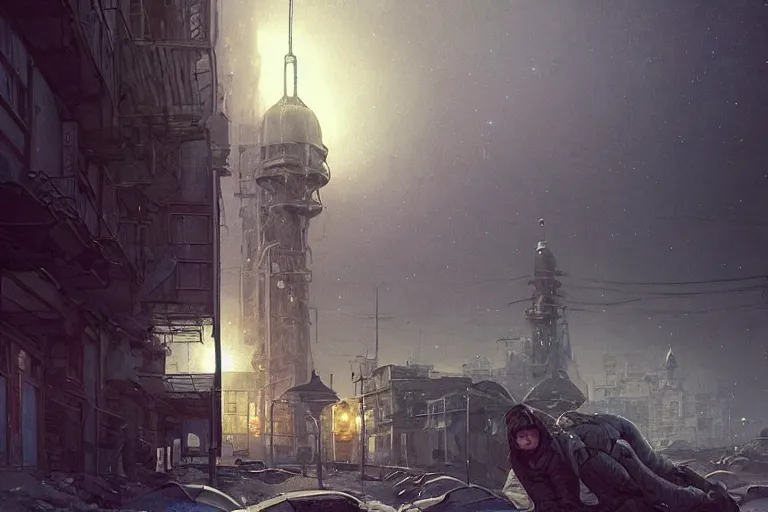 Image similar to lonely on the streets of Russian commie blocks on the Moon city, Norilsk, sci-fi, fantasy, earth seen on the dark sky, intricate, very very beautiful, elegant, highly detailed composition, digital rendering, artstation, concept art, smooth, sharp focus, illustration, art by artgerm and greg rutkowski and alphonse mucha