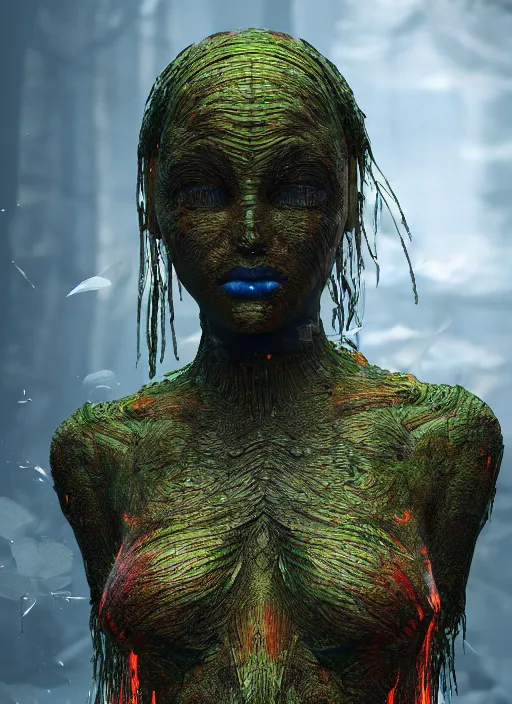 Prompt: alien woman, lake, clothes made out of leaves, rgb, cables everywhere, bedroom, ultra realistic, concept art, intricate details, highly detailed, photorealistic, octane render, 8 k