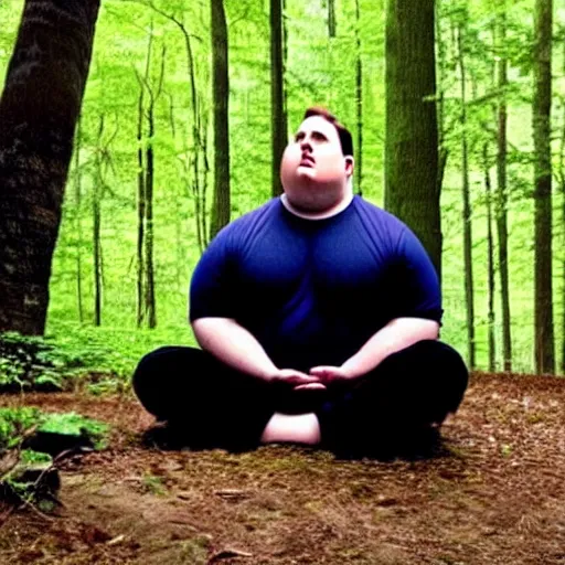 Prompt: chubby Michael Scott meditate in the Forest