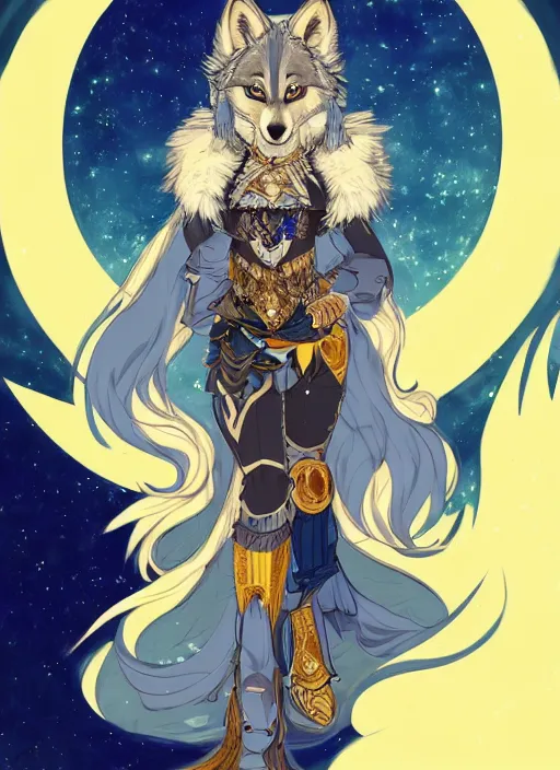 Image similar to commissioned full body portrait of a female anthro wolf princess fursona with a wolf head and white hair wearing a blue and gold Japanese armored dress in a white and gold palace on a starry night with a large crescent moon, by a professional manga illustrator, by Kilian Eng, by Sandra Chevrier, trending on artstation