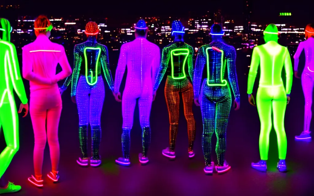 Image similar to love, diverse neon cybersuits, from behind, wide wide angle, vivid, elaborate, highly detailed, beautiful lighting