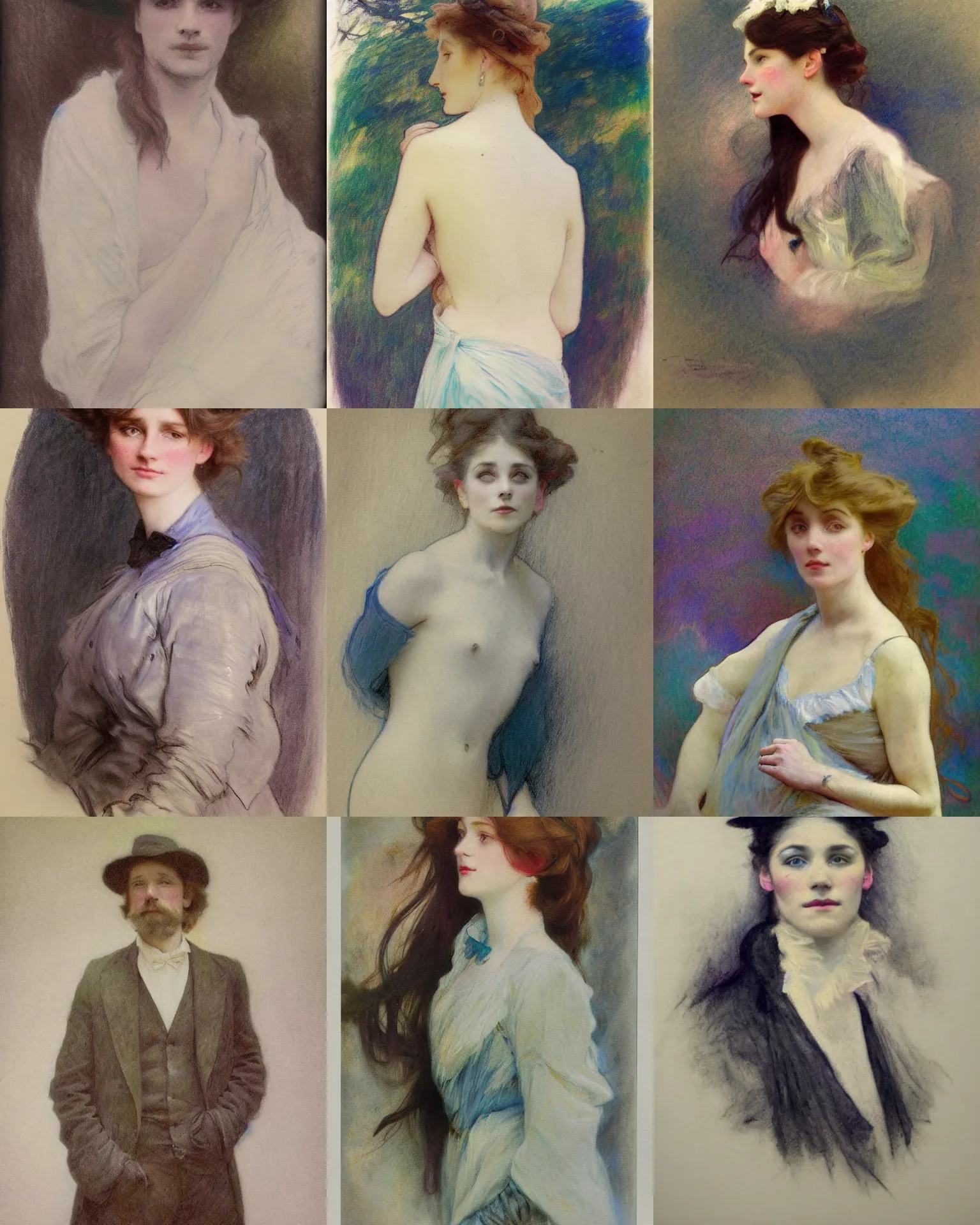 Prompt: steven cobert, colored chalk portrait underdrawing linework by john singer sargent, thomas moran, edmund dulac, fans hals, alphonse mucha, fashion photography, fully clothed