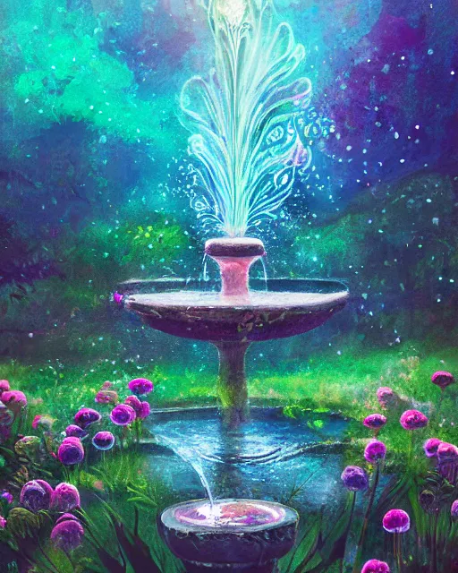 Prompt: organic spring fountain garden bokeh sparkles alena aenami rossdraws ferdinand knab oceanic underwater aura