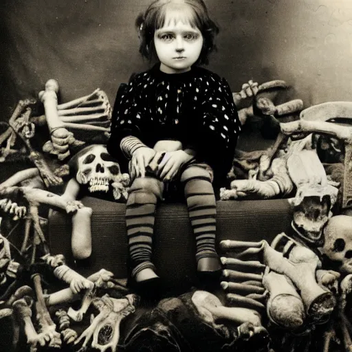 Prompt: a photo of young sad victorian gothic child with big eyes and wide grin sitting on a sofa of bones surrounded by a cyber futuristic cityscape made of human body parts, lighting, 5 0 mm, perfect faces