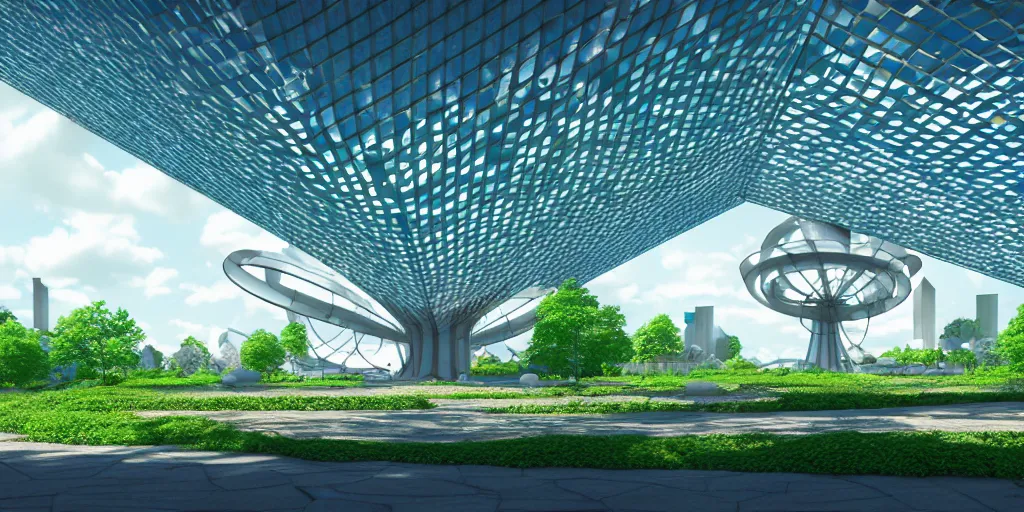 Image similar to montreal expo 6 7 pavillion, solarpunk, studio ghibli, jean - baptiste monge, octane render, 4 k, symmetry