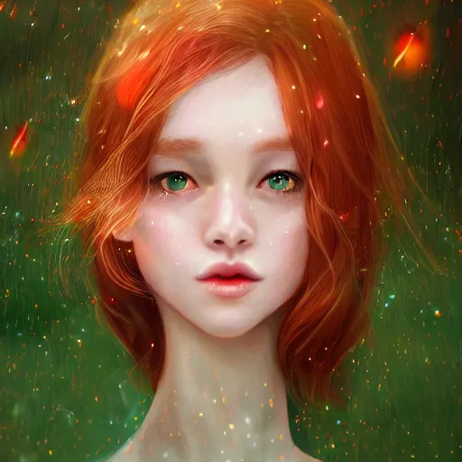 Image similar to red haired girl, among fireflies, pale gentle face, green eyes, highly detailed intricate romantic outfit, sharp, 8 k ultra realistic illustration, digital art by sakimichan, trending on artstation