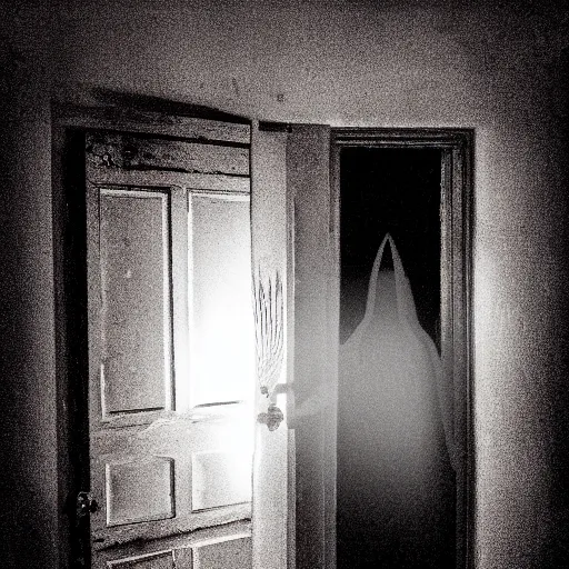 Prompt: paranormal of the angel of death standing at the door, low key lighting, creepy atmosphere