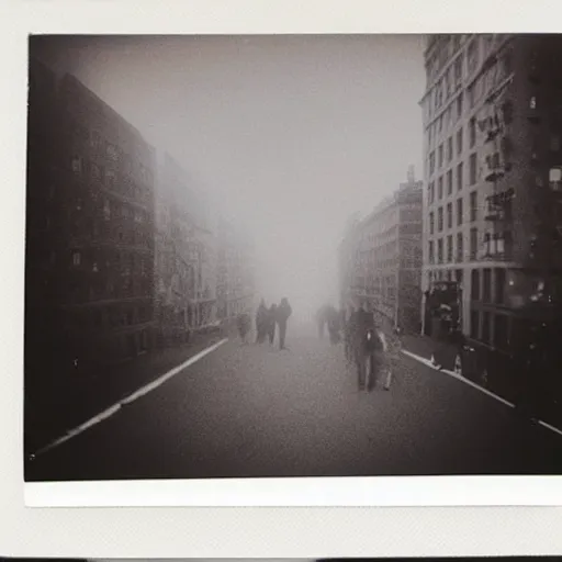 Prompt: wide-shot low-angle cat's eyesight photo of empty!!! animated walking ghostly people (((heads))) at the street in New York, polaroid photo, by Andy Warhol, signed