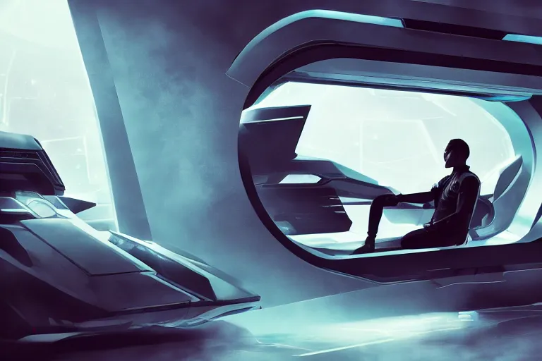 Image similar to a cinematic shot of a man sitting in a futuristic sci - fi vehicle, dramatic lighting, concept art, hyper realistic, cyberpunk