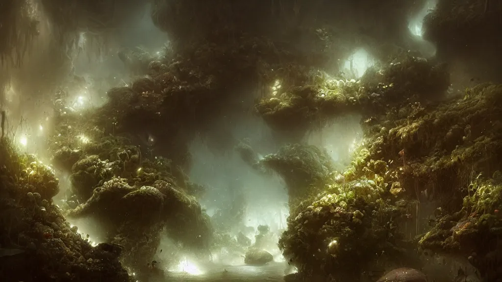 Image similar to fungus mined by the deep dwellers, andreas achenbach, artgerm, mikko lagerstedt, zack snyder, tokujin yoshioka