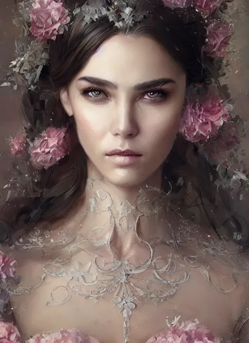 Image similar to a beautiful woman in an elaborate ballgown. beautiful highly detailed face, looking directly at the viewer. painting by artgerm and greg rutkowski and magali villanueve.