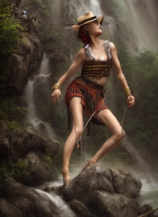 Image similar to photo of a gorgeous old young woman dressed as a man, climbing a river in tribal mountains the style of stefan kostic, realistic, sharp focus, 8k high definition, insanely detailed, intricate, elegant, art by stanley lau and artgerm