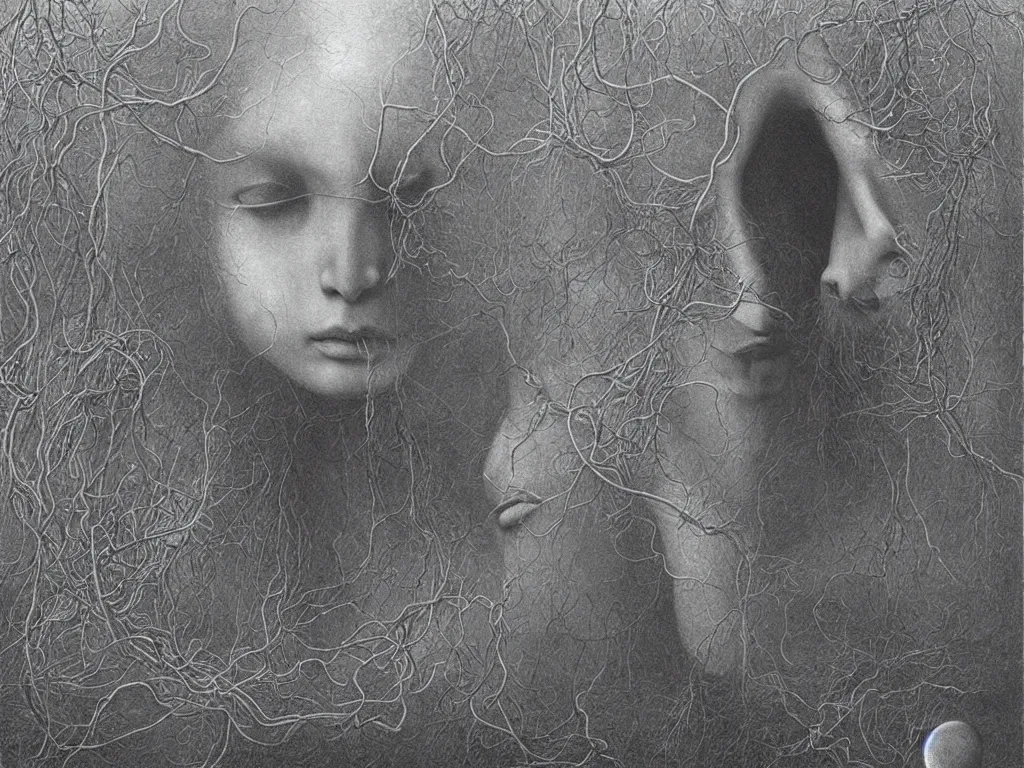 Prompt: Delicate tendrils. Melancholic limpid rocks. Void is a blessing. Mystic. Lucas Cranach, Beksinski