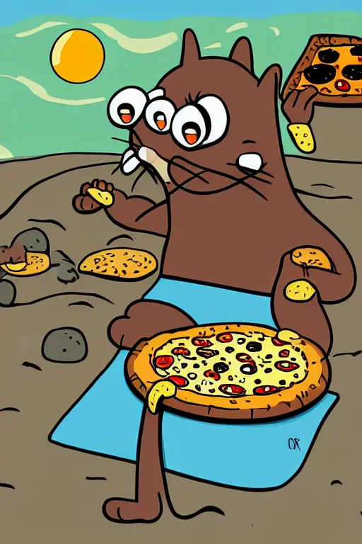 Image similar to digital drawing of a cat eating pizza on the beach by matt groening