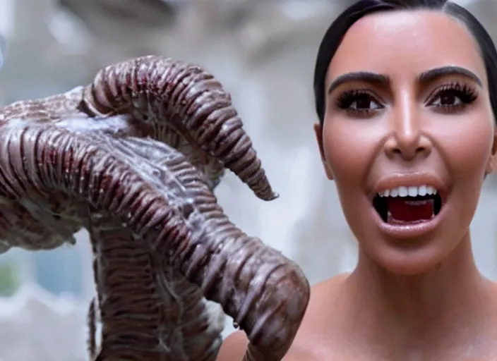 Image similar to film still of kim kardashian ingesting alien slime from the mouth of an xenomorph, transparent goo, transparent slime, saliva, 8 k