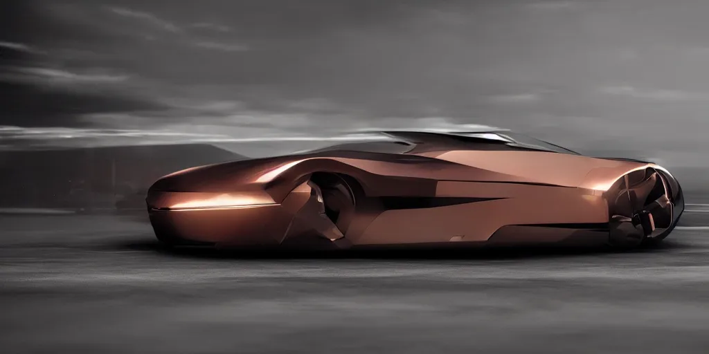 Prompt: a design of a futuristic coupe, designed by Polestar, blade runner background, stained antique copper car paint, black windows, dark show room, dramatic lighting, hyper realistic render, depth of field