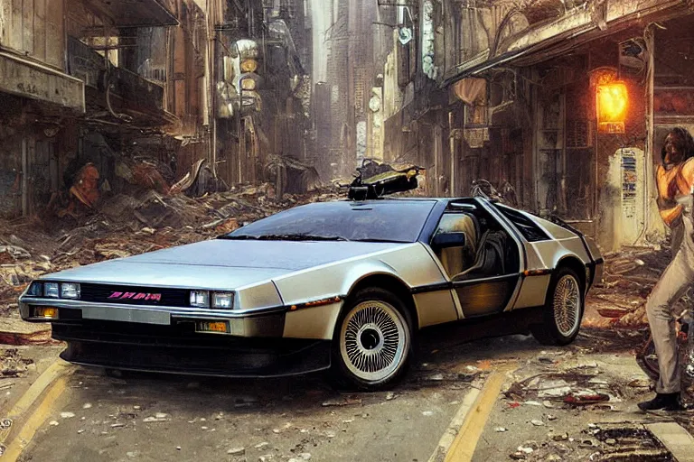 Image similar to photograph of the delorean driving down the streets of a cyberpunk abandoned city, by greg rutkowski, by stanley artgerm, by alphonse mucha