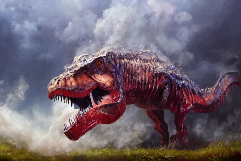 Image similar to highly detailed oil painting of a tyrannosaurus rex in a steaming colorful hotspring, featured on artstation