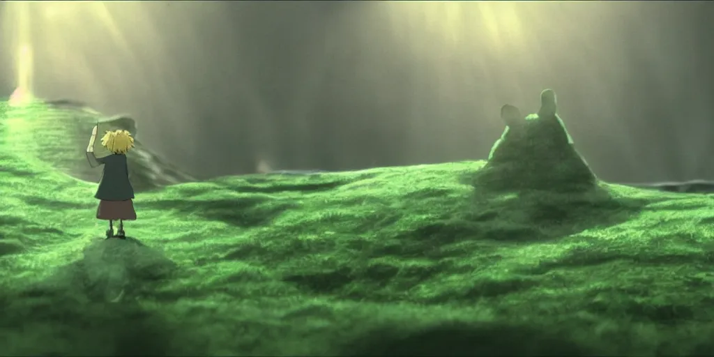 Image similar to a cell - shaded cartoon movie still from howl's moving castle ( 2 0 0 4 ) of a giant green golem in a flooded valley. shafts of sunlight come from above. wide shot, very dull muted colors, hd, 4 k, hq