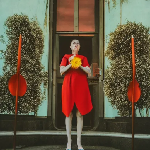 Image similar to giant flower head, frontal, woman standing in mid century building, surreal, symmetry, bright, tone in tone, cinematic, wes anderson