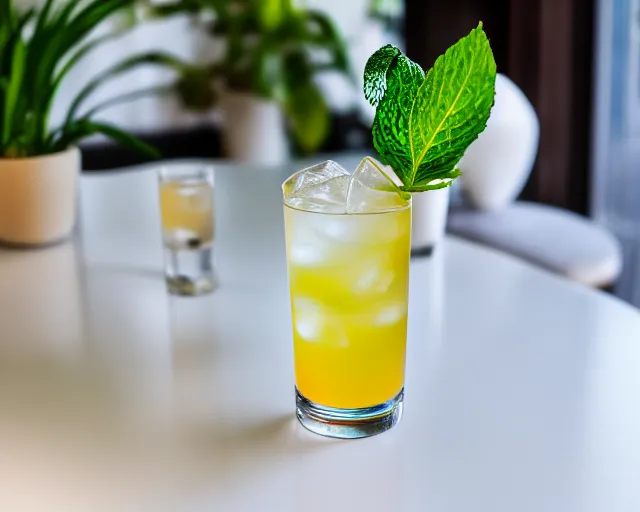 Prompt: 5 5 mm photo of best long cocktail and soda on a zen minimalist white table with elegant houseplants in the background. highly detailed 8 k. intricate. lifelike. soft light,