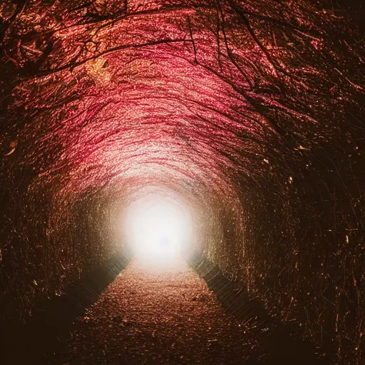 Image similar to tunnel of leaves, moody atmosphere, late summer, hazy, glowing lights, spiral, lost woman, dreamy