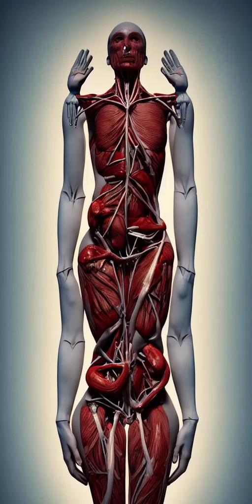 Image similar to poster design, full body anatomical model, 3 d photographic render of a deconstructed asymmetric human anatomical correct human body, in hoc signo vinces, waterfall, in the style of leonora carrington, gottfried helnwein, intricate composition, blue light by caravaggio, insanely quality, highly detailed, masterpiece, red light, artstation