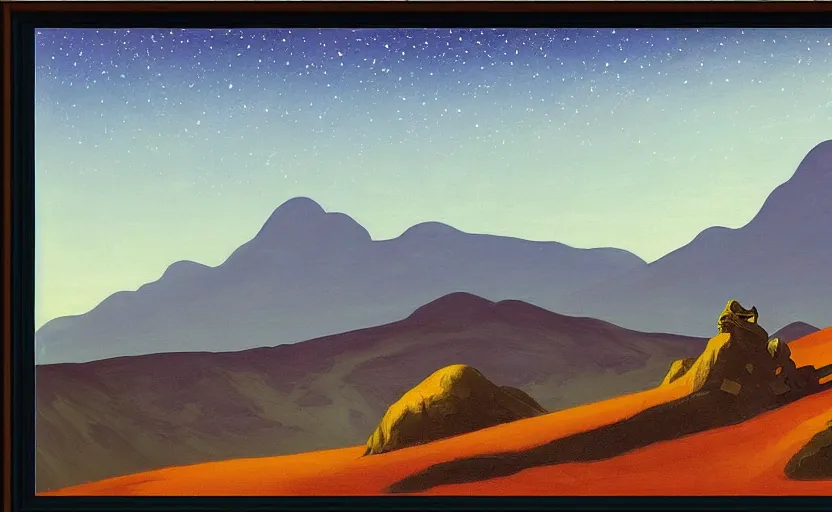 Image similar to mountains, stars and paisley filled sky, artstation, intricate, highly detailed, digital painting, concept art, sharp focus, illustration by Edward Hopper and Charles Williams