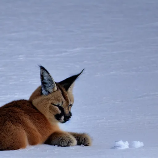 Prompt: photo still of drunk sleepy fat chubby caracal, lying sleeping on snow, big stomach, fullbody, sunny winter day