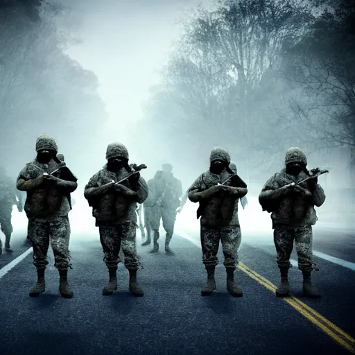 Prompt: military road block with sandbags and armed soldiers during zombie apocalypse, old 3d cgi, high quality, mist, smoke, high focus, dark mood,