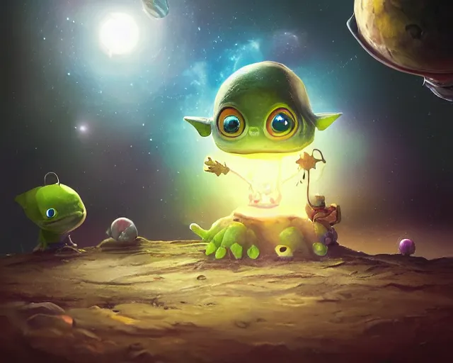 Prompt: 3D Fantasy Cute and adorable small alien piggy in space, huge adorable eyes, bright stars, Smooth 3D Illustration, soft render, Servando Lupini, Daniil Kudriavtsev, handpaint texture, Blender, 3DCoat