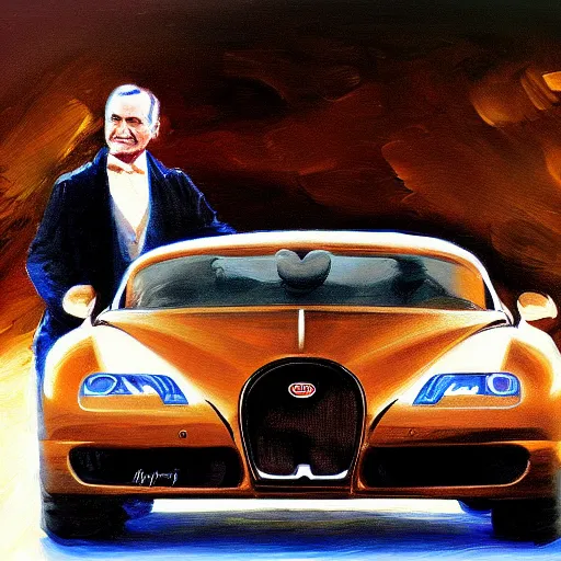 Prompt: richard feynman driving a bugatti, expressive oil painting, digital art