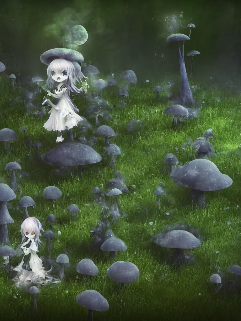 Prompt: cute fumo plush of a gothic maiden girl who is composed of shadows, overgrown mystical mushroom forest temple, penumbral shadowcreature, wisps of volumetric vortices of glowing smoke surrounding, long dark tattered umbra, long thick grass, bokeh tilt shift, isometric orthographic, vray