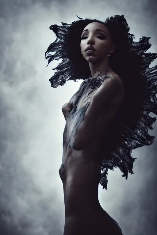 Image similar to photoshoot of tinashe as mysterious dark goddess of death, realism, clouds, swirling energy, torn fabric, elaborate ornate growth, gilded relief, volumetric lighting, light shafts, ambient light, trending on artstation, by alessio albi