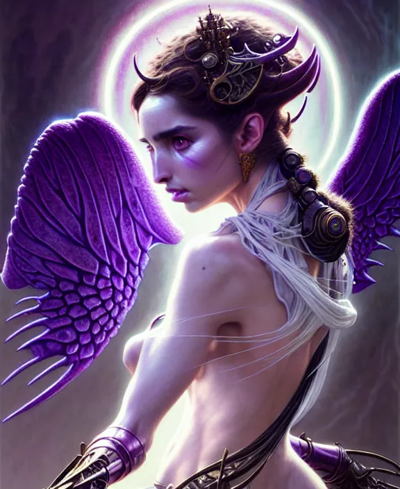 Image similar to beautiful fantasy character portrait, ana de armas, ultra realistic, wide angle, intricate details, the fifth element artifacts, tesseracts, highlights of purple, highly detailed by peter mohrbacher, hajime sorayama, wayne barlowe, boris vallejo, paolo eleuteri serpieri, dishonored 2, white gown, angel wings