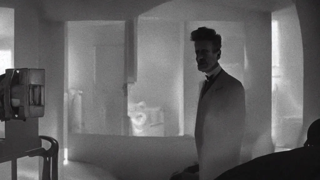 Image similar to an mri image of james cavell in the living room, film still from the movie directed by denis villeneuve with art direction by salvador dali, wide lens