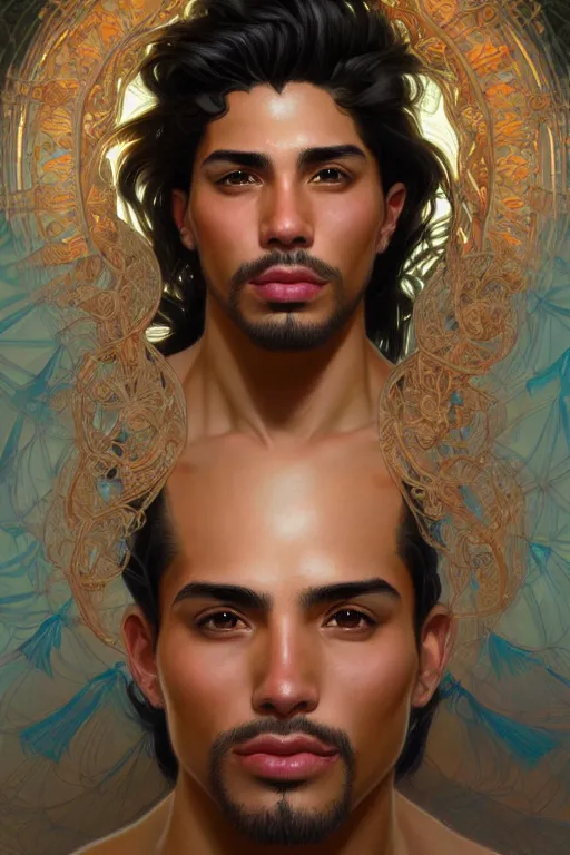 Image similar to clear portrait of a latino attractive men, cottagecore!!, background hyper detailed, character concept, full body, dynamic pose, glowing lights!! intricate, elegant, highly detailed, digital painting, artstation, concept art, smooth, sharp focus, illustration, art by artgerm and greg rutkowski and alphonse mucha