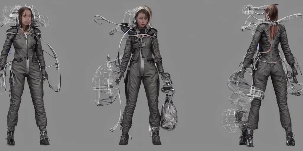 Prompt: front and back character view of a woman in scientist's jacket with a system of straps and pouches for collecting material by Donato Giancola and Tetsuya Nomura, trending on artstation and pixiv clean sci-fi concept art and sheet that using unreal engine 5 render and hyper detailed 3D texture with cinematic software light