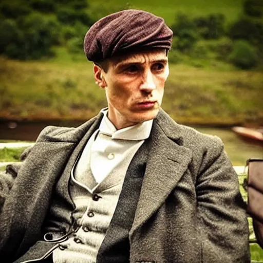 Image similar to “thomas shelby from peaky blinders, smoking a cigarrette and looking at the river”