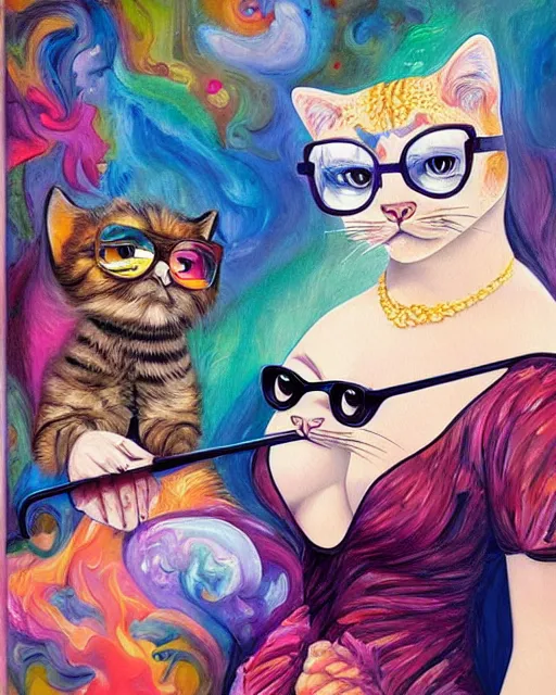 Prompt: a painting of a woman with vintage glasses holding a cat, a pop art painting of a girl by mahmoud farshchian, rhads, lisa frank, clint cearley, directed gaze, organic acrylic flow art, grumpy cat, featured on deviantart, psychedelic fractal art, acrylic art, watercolor, psychedelic