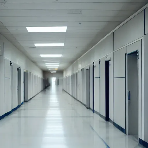 Image similar to liminal space of a hospital, long hallway, exit sign at the end, white walls, white tiles