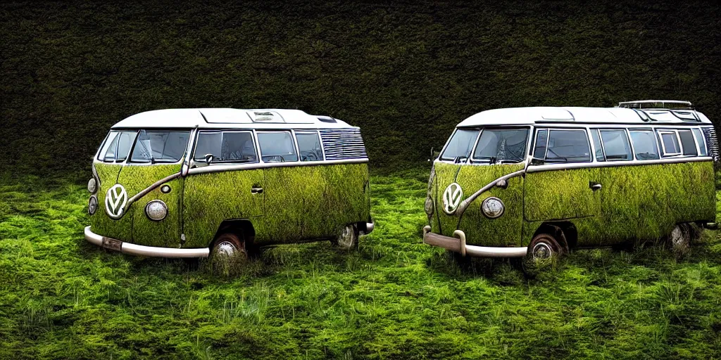 Prompt: field with over grown grass where a vw campervan is covered with moss corroding ,fantasy surreal image, high detail, hyper realistic,