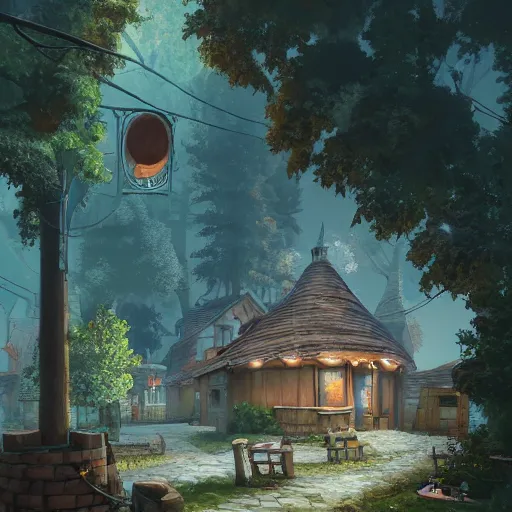 Image similar to gediminas pranckevicius concept art painting of a historic bakery with european and japanese architecture, in a woodland village surrounded by trees, realistic, detailed, cel shaded, in the style of makoto shinkai and greg rutkowski and james gurney