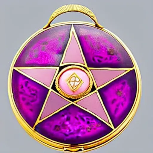 Prompt: a photo of the lid of a vintage circular powder compact, basse-taille pink enamel over guilloché with an inlaid gold pentagram that has a different colored gem stone at each point and a large, round cabochon in the middle encircled by a gold crescent moon inlay. Tiffany & Co.