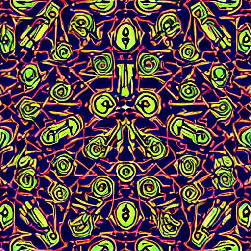 Prompt: “a repeating psychedelic pattern of neon symmetric bones”