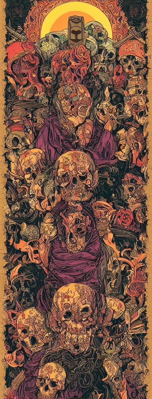 Image similar to The oracle of ancient wisdom surrounded by floral skulls, italian futurism, da vinci, Dan Mumford, Josan Gonzalez