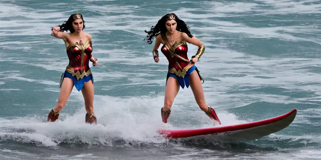 Prompt: gal gadot as wonder woman surfing on the north shore, 5 0 mm