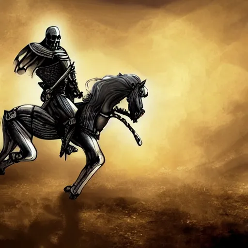 Prompt: a knight riding a skeleton horse, digital art, trending on artstation,