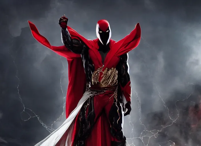 Image similar to film still of michael b jordan as spawn in the new spawn movie, giant chains, large cape, 8 k